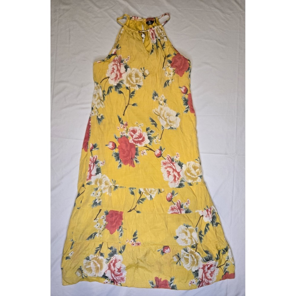 Mlle Gabrielle Maxi Dress Womens XL Yellow Floral Peep Hole Ipen Shoulder